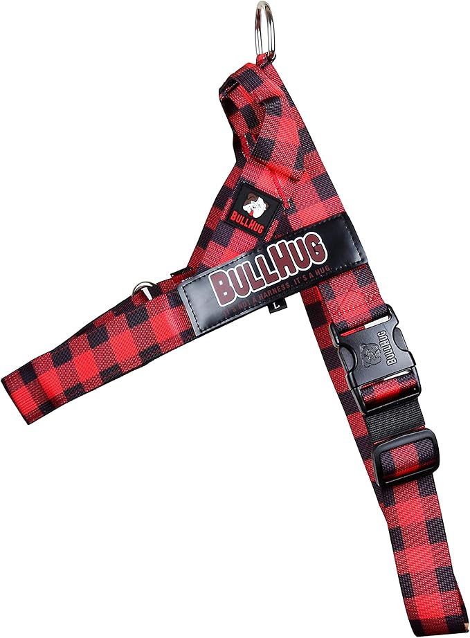 BULLHUG Harness – Made for Larger Chested Dogs Like English Bulldogs, French Bulldogs, Pugs & More. Stops Dogs from Pulling & Choking on Walks (RED Buffalo, Large) BULLHUG
