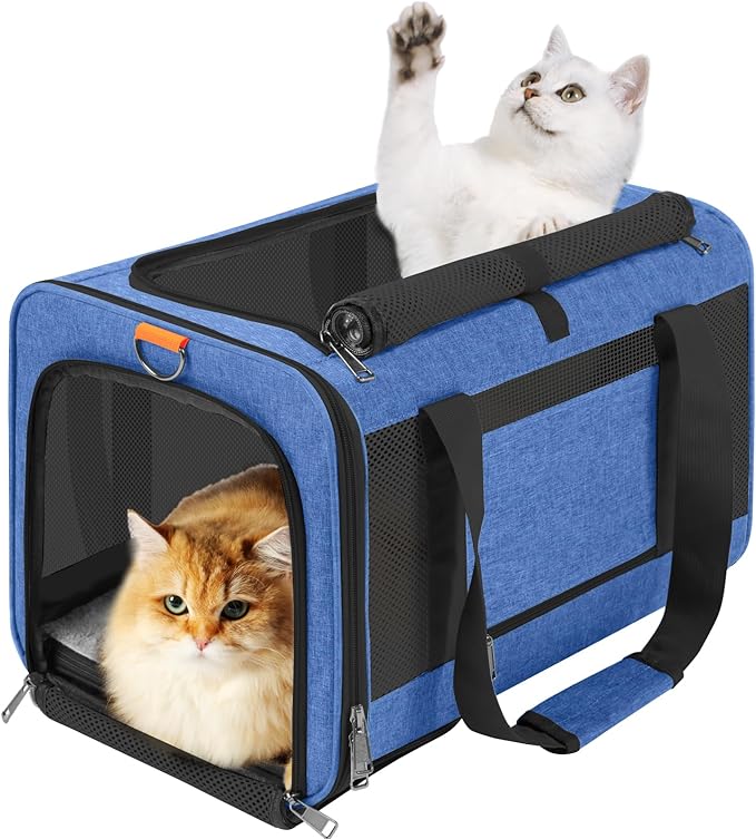 Soft-Sided Top Loading Adult Cat Carrier 20lbs, Yorkie Fabric Collapsible Comfy Cage for Teacup Dog, Easy Entry Maltese Pet Travel Purse, Kitty Carseat Animal Carrying Case Soft Kennel Blue - PAWPICO