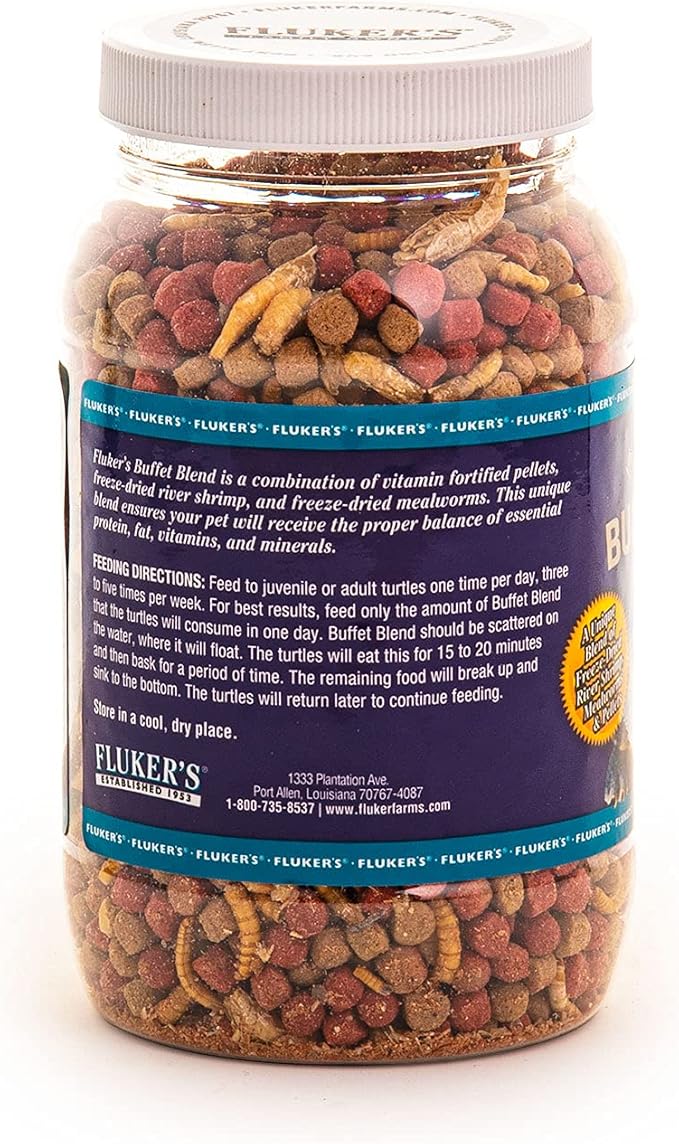 Fluker's Buffet Blend Aquatic Formula, Turtle Food with Freeze, Dried Shrimp, Mealworms, and Vitamin Enriched Pellets, 7.5 oz Flukers