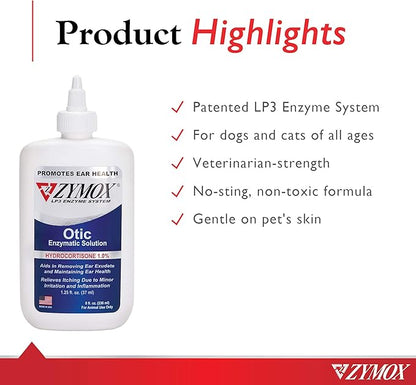Zymox Otic Enzymatic Solution for Dogs and Cats to Soothe Ear Infections with 1% Hydrocortisone for Itch Relief, 8oz ZYMOX