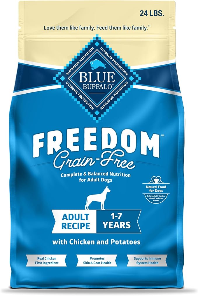 Blue Buffalo Freedom Grain-Free Dry Dog Food, Complete & Balanced Nutrition for Adult Dogs, Made in the USA With Natural Ingredients, Chicken & Potatoes, 24-lb. Bag - PAWPICO