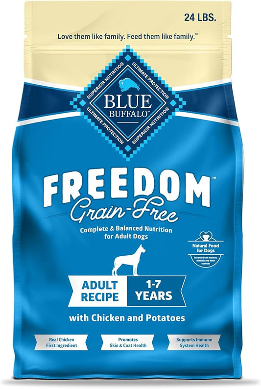 Blue Buffalo Freedom Grain-Free Dry Dog Food, Complete & Balanced Nutrition for Adult Dogs, Made in the USA With Natural Ingredients, Chicken & Potatoes, 24-lb. Bag - PAWPICO