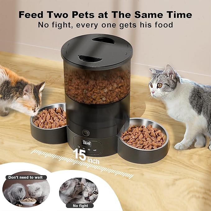 Automatic Cat Feeder for 2 Cats, 3L Cat Food Dispenser SURDY Auto Cat Feeder with 2 Stainless Bowls, 10s Meal Call Dual Power Supply and Timer Setting 12 Portions 6 Meals Per Day for Cats and Dogs - PAWPICO