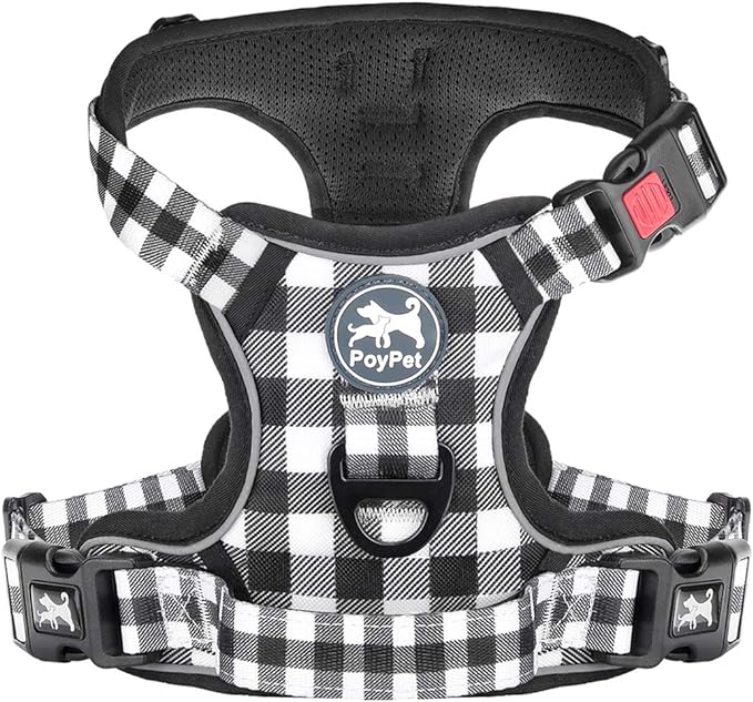 PoyPet No Pull Dog Harness, [Neck Release] Reflective Adjustable No Choke Pet Vest with Front & Back 2 Leash Attachments, Soft Control Training Handle for Small Dogs(Grid,S) PoyPet