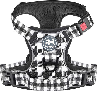 PoyPet No Pull Dog Harness, [Neck Release] Reflective Adjustable No Choke Pet Vest with Front & Back 2 Leash Attachments, Soft Control Training Handle for Small Dogs(Grid,S) PoyPet