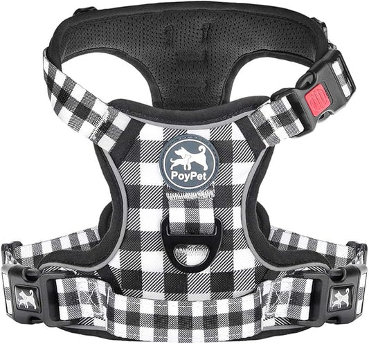 PoyPet No Pull Dog Harness, [Neck Release] Reflective Adjustable No Choke Pet Vest with Front & Back 2 Leash Attachments, Soft Control Training Handle for Small Dogs(Grid,XL) PoyPet