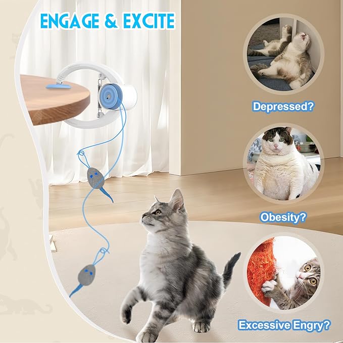 Cat Toy Interactive for Indoor Cats, Smart USB Rechargeable Door Hanging Automatic Retractable Kitten Toys, Teaser Electronic Self Play Feather Cat String Toy Attached with 3 Catnip Mice White - PAWPICO