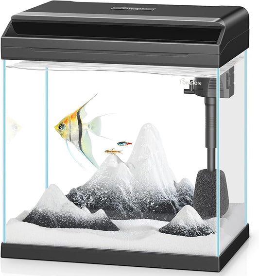 PONDON 4 Gallon Fish Tank with Detachable Lid, Low-Iron Glass Aquarium Starter Kit with LED Light, Beginner-Friendly Betta Aquarium with Removable Filtration PONDON