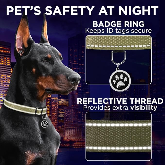 TECEUM Reflective Pet Collar – Olive – XL – Basic Nylon Dog Collar – Quick Release Buckle – Fits Small, Medium and Large Dogs, Puppies, Cats – ESA & Service Dog Options TECEUM