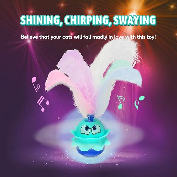 LEWISER Cat Toys Monster, 3in1 Rechargeable Automatic Interactive Cat Toy for Indoor Cats Exercise, Real Feathers, Silicone and Butterfly Tail, LED Lighting, Mice Squeak Chirping, Blue - PAWPICO