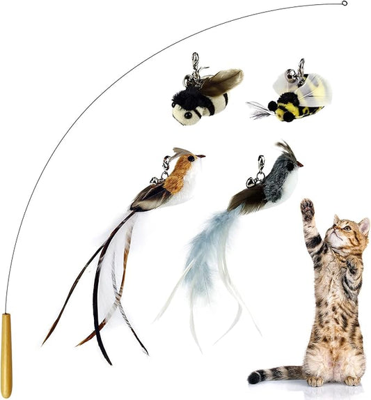 Interactive Bird and Insect Simulation Cat Toy Set with 4 Feather Refills, 29'' Flexible Steel Wire, Sturdy Wood Handle & Bell,Cat Wand Toys for Indoor Cat and Kitten. - PAWPICO