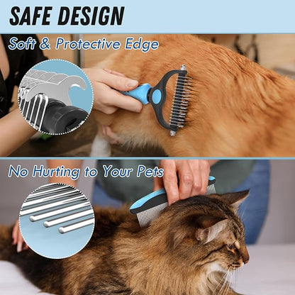 Pet Grooming Combo - Blue Deshedding Brush with Metal Comb for Detangling and Dematting Long, Matted Fur on Cats and Dogs - PAWPICO