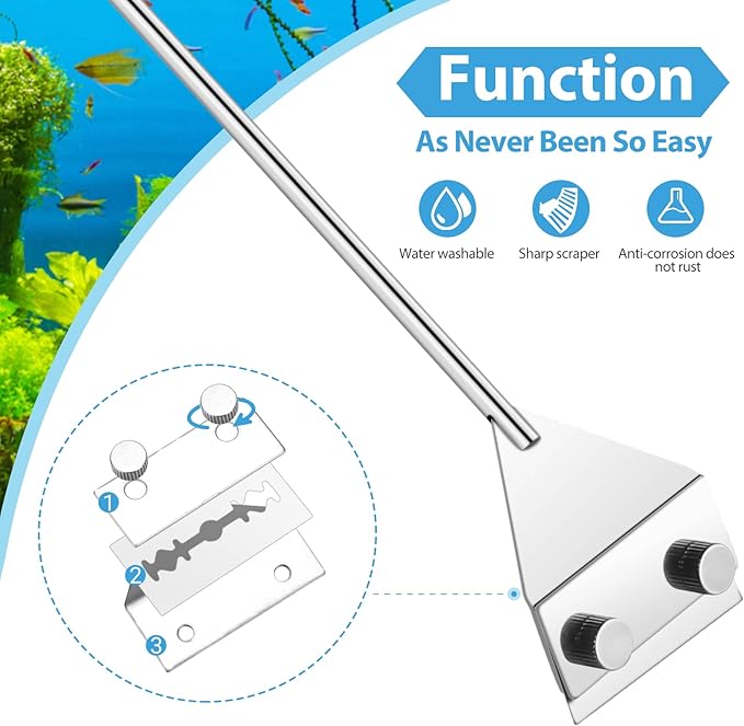 Algae Scraper for Glass Aquarium, Fish Tank Razor Blade Scraper with 10 Replaceable Razor Blades, Essential Aquarium Cleaning Tools. (Silver-25.6 Inch) PAWPICO