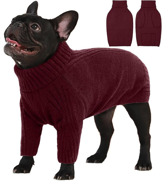 IECOii Large Dog Sweater,Pet Dog Sweaters for Large Dogs Boy,Thanksgiving Fall Doggie Sweatshirt,Turtleneck Thick Warm Girl Dog Sweater,Winter Knitwear Clothes for Corgi,French Bulldog(Wine-Red,L) - PAWPICO
