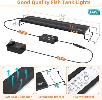 hygger LED Aquarium Light, 14W Full Spectrum Fish Tank Light with Multi-Color Timer DIY Mode 24/7 Natural Mode Adjustable Brightness, Aquarium Plant Light with Extendable Brackets for 12~18IN Tank hygger