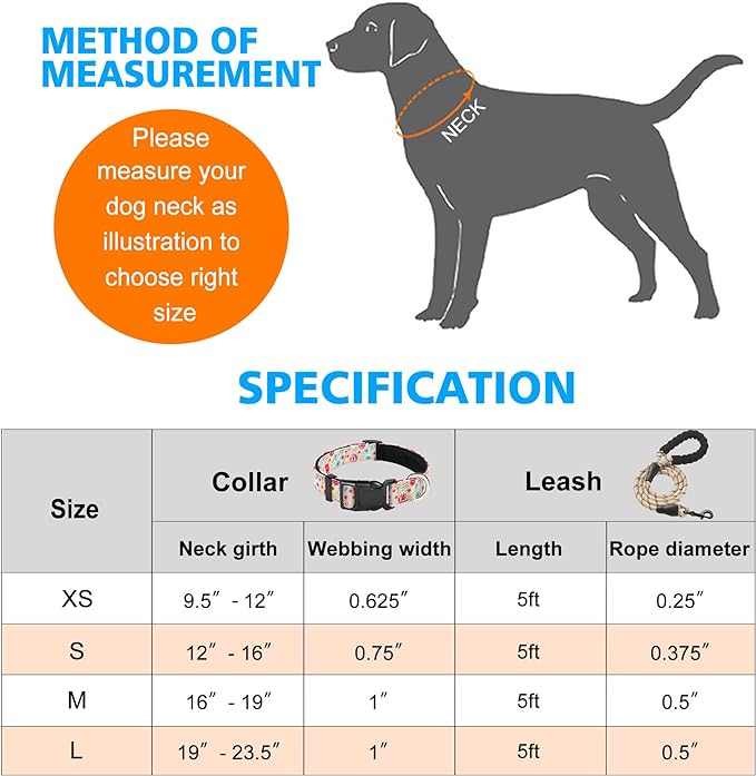 Reflective Dog Collar Padded with Soft Neoprene Breathable Adjustable Nylon Dog Collars for Small Medium Large Dogs (Small (Pack of 1), Vanila/Pink Floral Collar+Leash) ladoogo