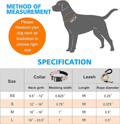 Reflective Dog Collar Padded with Soft Neoprene Breathable Adjustable Nylon Dog Collars for Small Medium Large Dogs (Small (Pack of 1), Vanila/Pink Floral Collar+Leash) ladoogo