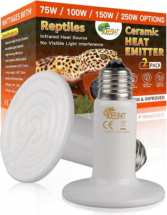 Energy Efficient 150W Heat Lamp Bulbs, Pack of 2 Ceramic Heat Emitters for Reptiles Geckos, Lizard, Bearded Dragon, Tortoise & Small Pets Basking (White, 150 Watts) BOEESPATDirect