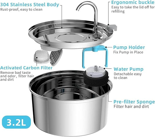 Tomxcute Cat Water Fountain Stainless Steel - 108oz/3.2L Cat Fountain for Drinking- Large Capacity Pet Water Fountain - Cat Feeding & Watering Supplies - Comes with 8 Replacement Filters - PAWPICO