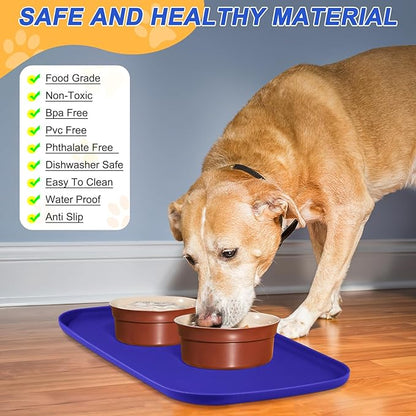 Silicone Pet Feeding Mat with Raised Edge, Dog Cat Bowl Mats for Food and Water, Pet Placemat for Floors Waterproof, 24” x 16” x 0.8” Navy Blue - PAWPICO