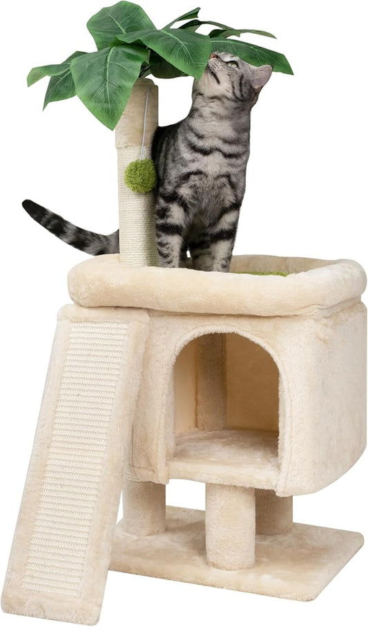 Cat Scratching Post 33'' Cat Tree Indoor Palm Tree Large Cat Perch with Scratching Posts Cat Scratch Tree with Natural Sisal Ball Furniture Suitable for Adult Cats and Kittens - PAWPICO