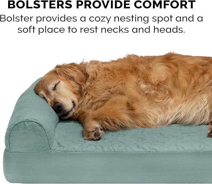 Furhaven Orthopedic Dog Bed for Large Dogs w/ Removable Bolsters & Washable Cover, For Dogs Up to 95 lbs - Pinsonic Quilted Paw L Shaped Chaise - Iceberg Green, Jumbo/XL - PAWPICO