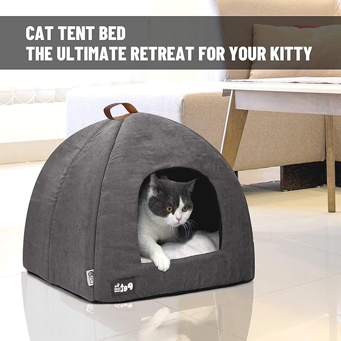Cat Bed for Indoor Cats -Premium Pet Beds for Cats and Small Dogs, Cat Bed Cave, Comfortable Covered Cat Bed, Cat Tent, Kitten Bed, Small Animal Bed and Cat Hut with Cushioned Pillow (Medium, Grey) - PAWPICO