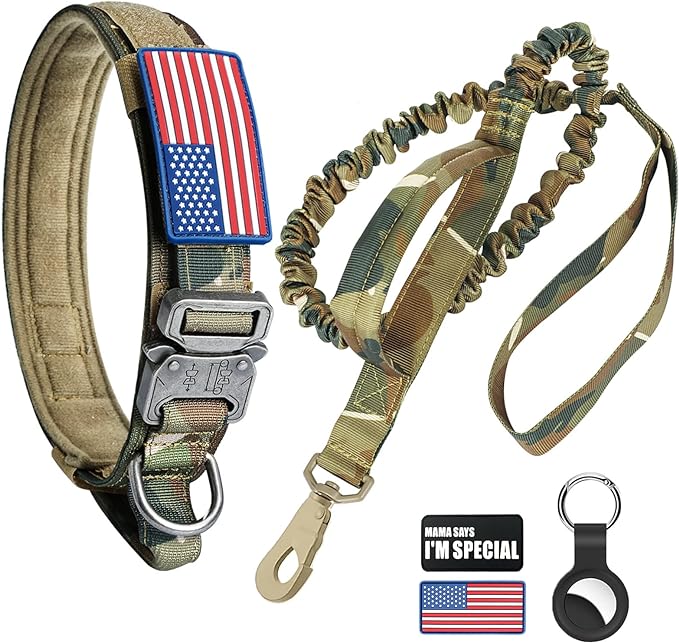 Tactical Dog Collar and Bungee Leash, Camo Military Dog Collar & Leash Set with USA American Flag Adjustable K9 Collar with Heavy Duty Metal Buckle & Handle,with Patches and Airtags Case (M, Camo) Celifelight