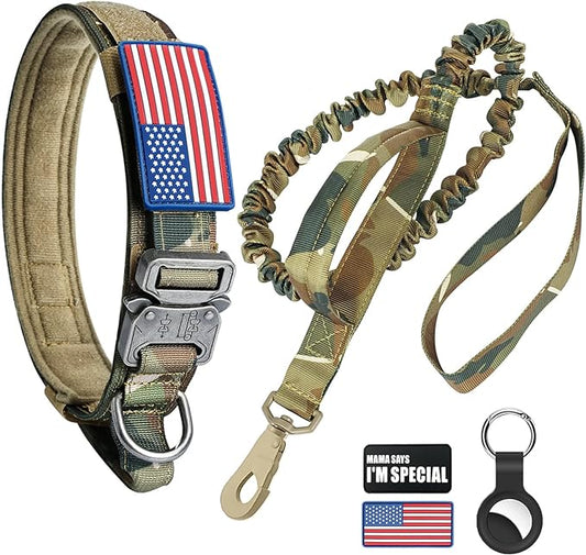 Tactical Dog Collar and Bungee Leash, Camo Military Dog Collar & Leash Set with USA American Flag Adjustable K9 Collar with Heavy Duty Metal Buckle & Handle,with Patches and Airtags Case (M, Camo) Celifelight