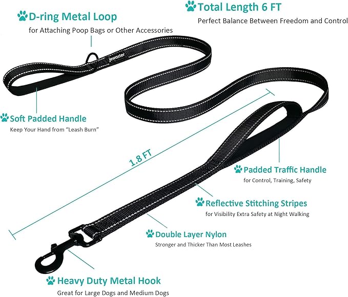 Heavy Duty Dog Leash - 2 Handles by Padded Traffic Handle for Extra Control, 6foot Long - Perfect for Medium to Large Dogs (6 ft, Black) JEWOSTER