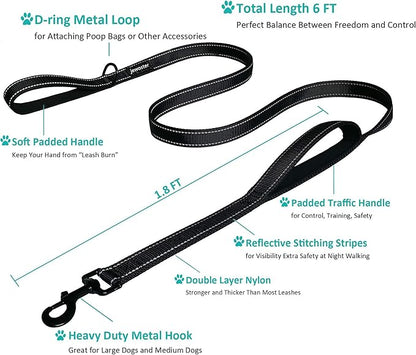 Heavy Duty Dog Leash - 2 Handles by Padded Traffic Handle for Extra Control, 6foot Long - Perfect for Medium to Large Dogs (6 ft, Black) JEWOSTER