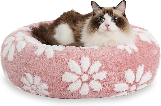 Donut Dog Beds for Small Dogs, Calming Round Cat Beds for Indoor Cats, Cute 3D Textured Flower Pet Bed with Removable Washable Cover and Anti-Slip Bottom（Pink，20"） - PAWPICO