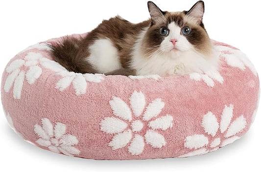 Donut Dog Beds for Small Dogs, Calming Round Cat Beds for Indoor Cats, Cute 3D Textured Flower Pet Bed with Removable Washable Cover and Anti-Slip Bottom（Pink，20"） - PAWPICO