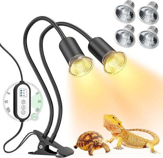 Reptile Heat Lamp, Dual-Head UVA/B Reptile Light with Cycle Timer, Basking Light for Reptile Turtle Bearded Dragon Lizards Snake, E26/27 Base with 4 Bulbs (2PCS 25W and 2PCS 50W) DTZYServiceforYourLife
