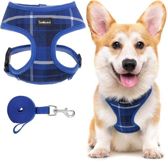 SCENEREAL Puppy Dog Harness with Leash Set for Small Medium Sized Dogs, Soft Mesh Step in Pet Harnesses and Leash, No Chock Plaid Adjustible No Pull Vest for Dogs Cats, Chihuahua,Bulldog (Blue M) SCENEREAL