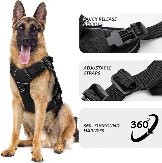WINGOIN Black Tactical Dog Harness for Medium Small Dogs No Pull Adjustable Reflective Military Pet Harness with Easy Control Handle with Hook & Loop Panels for Walking Hiking Training WINGOIN