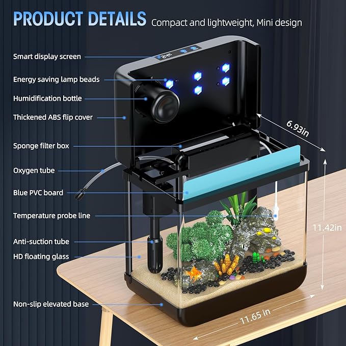Fish Tank Small Aquarium 2.2 Gal Fish Bowl with Humidifier 7 Color Auto-Looping Light 3 in 1 Quiet Pump with Filteration & Oxygenation & Circulation, Temperature Display, HD Glass, Thickened Base Focusonhomelifeandhealth
