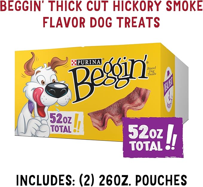 Purina Beggin' Strips Real Meat Dog Treats, Thick Cut Hickory Smoke Flavor - (Pack of 2) 26 oz. Pouches - PAWPICO