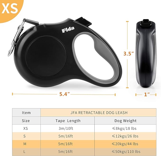 Fida Retractable Dog Leash X-Small Breed, 10 ft Durable Pet Walking Leash for Extra Small Dogs/Cats/Small Animals up to 18 lbs, 360° Tangle Free, Black Fida