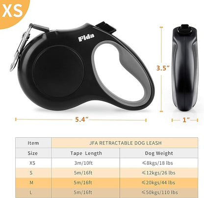 Fida Retractable Dog Leash X-Small Breed, 10 ft Durable Pet Walking Leash for Extra Small Dogs/Cats/Small Animals up to 18 lbs, 360° Tangle Free, Black Fida