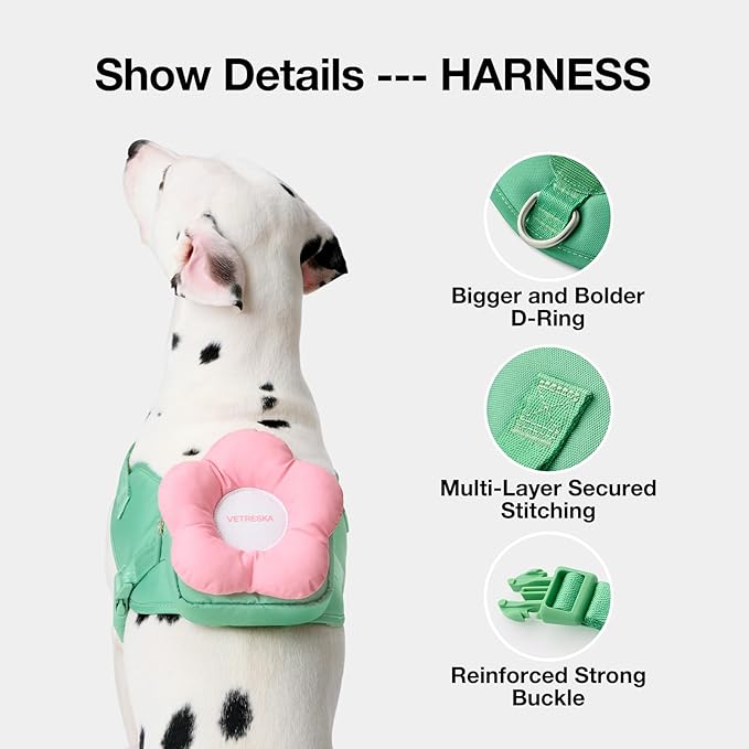 VETRESKA Flora Dog Harness, Leash and Collar Set, No Pull Dog Vest Harness for Walking and Training, Adjustable, Easy Control and Soft Padded Pet Harness and Backpack for Small Medium Large Dogs, M - PAWPICO