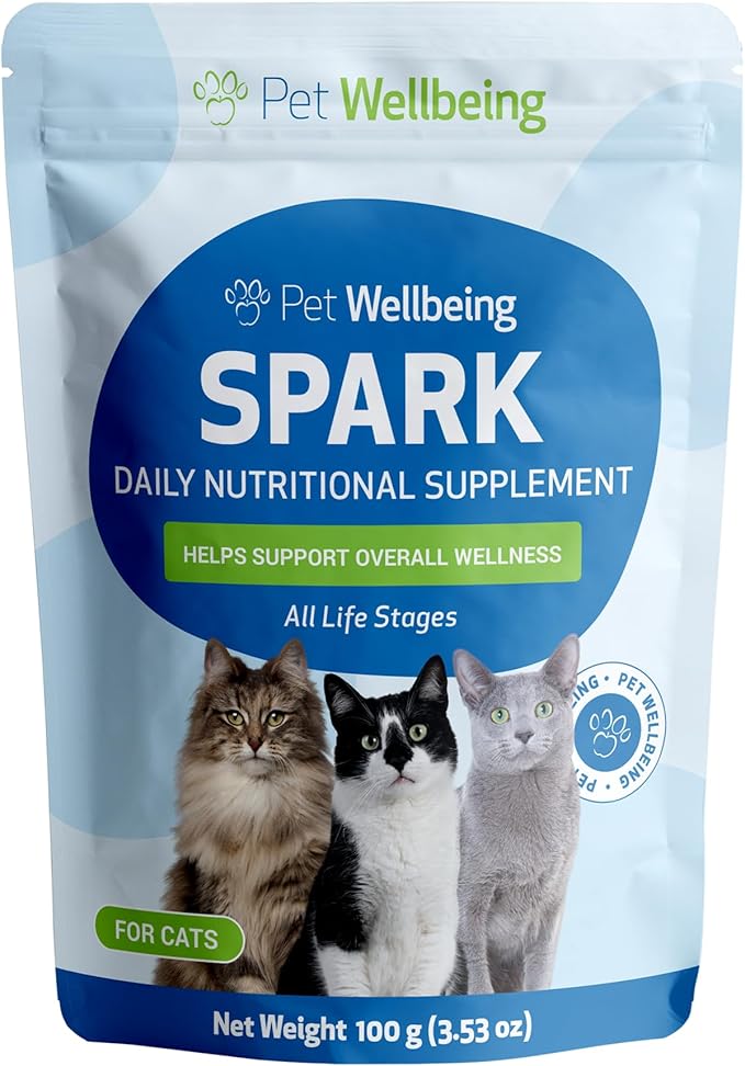 Pet Wellbeing Spark Daily Nutritional Greens Superfood for Cats - Probiotics, Prebiotics, Digestive Enzymes, Amino Acids, Antioxidants, Vitamin D, Spirulina - Veterinarian-Formulated 3.53 oz (100 g) PetWellbeing