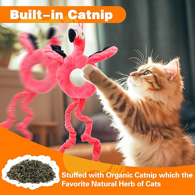Catnip Toys, Cute Flamingo Cat Toys with Bells and Crinkle Paper for Indoor Cats, Door Hanging Cat Toy for Cats & Kitten - PAWPICO