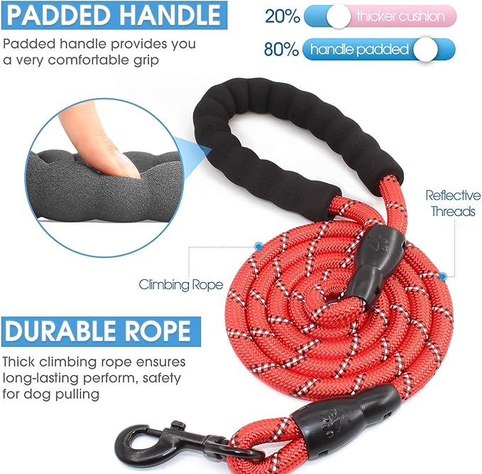 BAAPET 2/4/5/6 FT Dog Leash with Comfortable Padded Handle and Highly Reflective Threads for Small Medium and Large Dogs (5FT-1/2'', Red) BAAPET