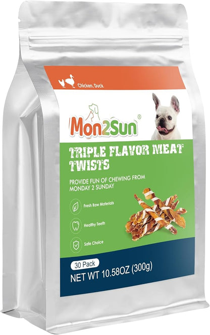MON2SUN Dog Treats, Triple Flavor Jerky Twist Sticks, 4.5-5 Inch Chicken Duck and Codfish Sticks Dog Chews for Small Dogs, Healthy Dog Snacks, 10.58 oz (30 Count-Pack of 1) - PAWPICO