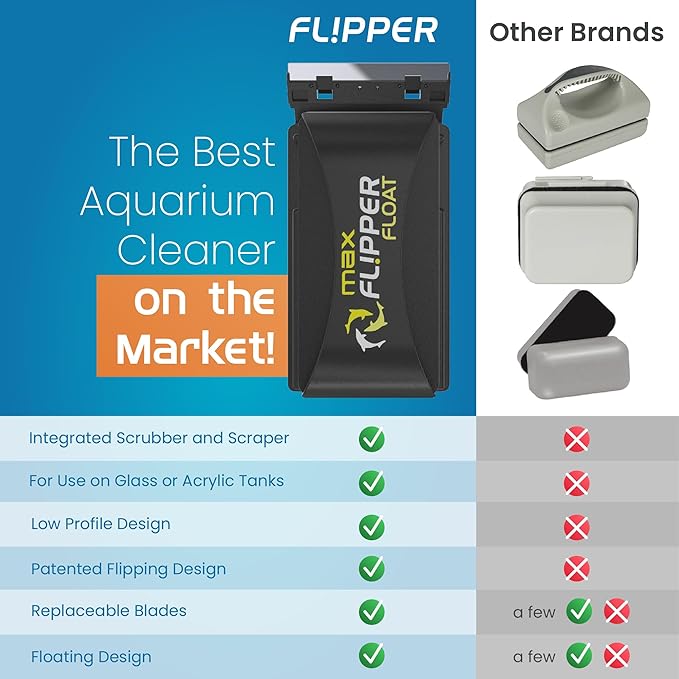 FL!PPER Flipper Cleaner Float - 2-in-1 Floating Magnetic Aquarium Glass Cleaner - Fish Tank Cleaner - Scrubber & Scraper Aquarium Cleaning Tools – Floating Fish Tank Cleaner, Max FLPPER