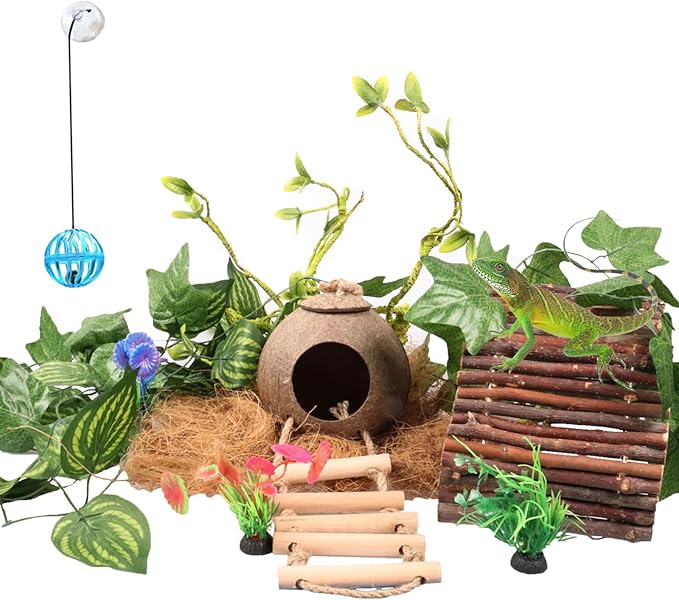 Crested Gecko Tank Accessories，Reptile Vines Plants with Coconut Shell Ladder Hideout Hermit Crab Decor for Bearded Dragon Lizard Chameleon Tortoise Snake BUYNOW