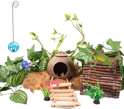 Crested Gecko Tank Accessories，Reptile Vines Plants with Coconut Shell Ladder Hideout Hermit Crab Decor for Bearded Dragon Lizard Chameleon Tortoise Snake BUYNOW