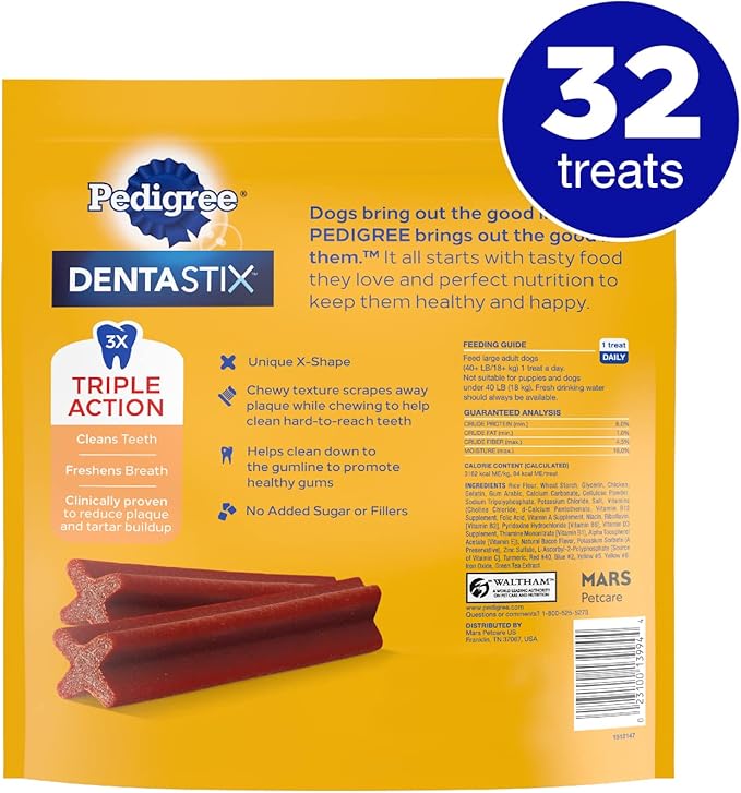 PEDIGREE DENTASTIX Large Dog Dental Treats Bacon Flavor Dental Bones, 1.67 lb. Pack (32 Treats) Pedigree