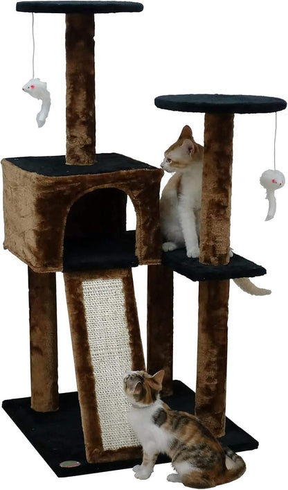 Go Pet Club Everyday Value 44in Corner Cat Tree Kitty Scratcher Tower Kitten Condo House Furniture with Scratching Board & Hanging Toys for Indoor Cats, Brown/Black - PAWPICO